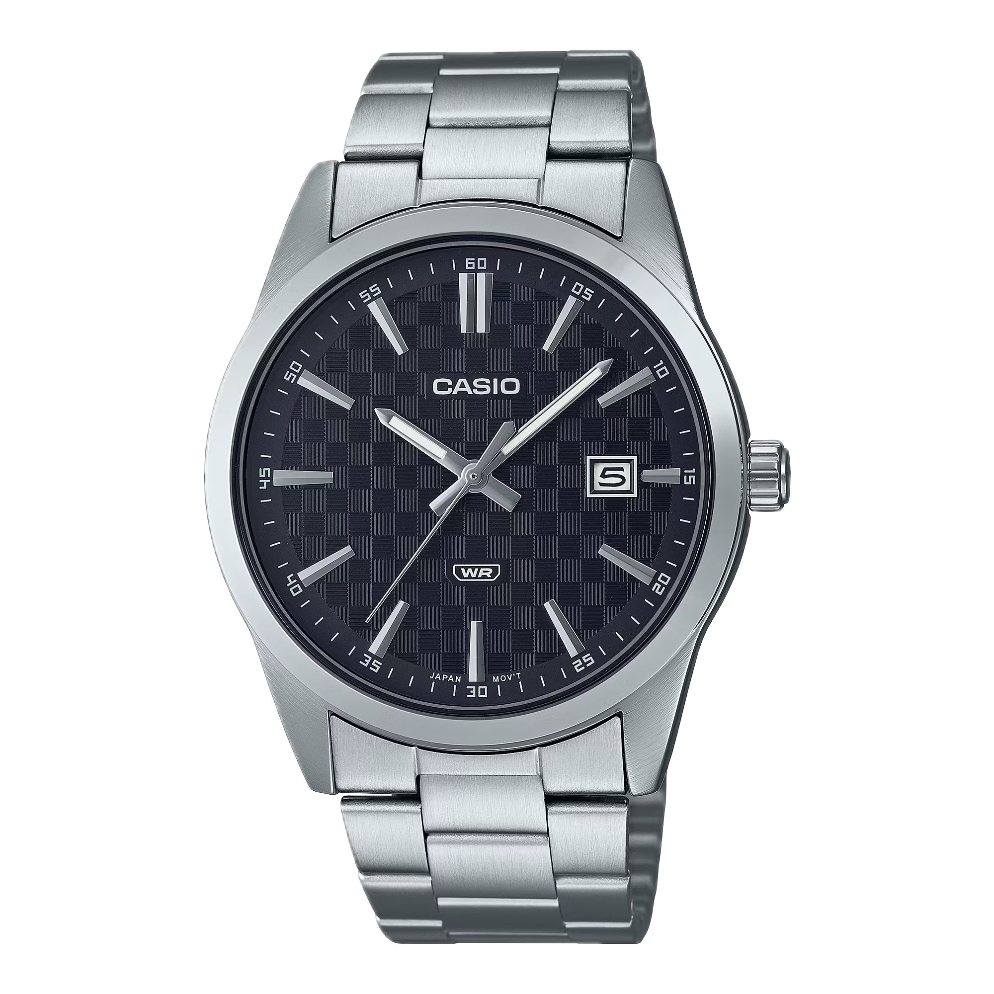 Casio Men Black Check-Pattern Dial Stainless Steel Bracelet Watch - MTP-VD03D-1AUDF