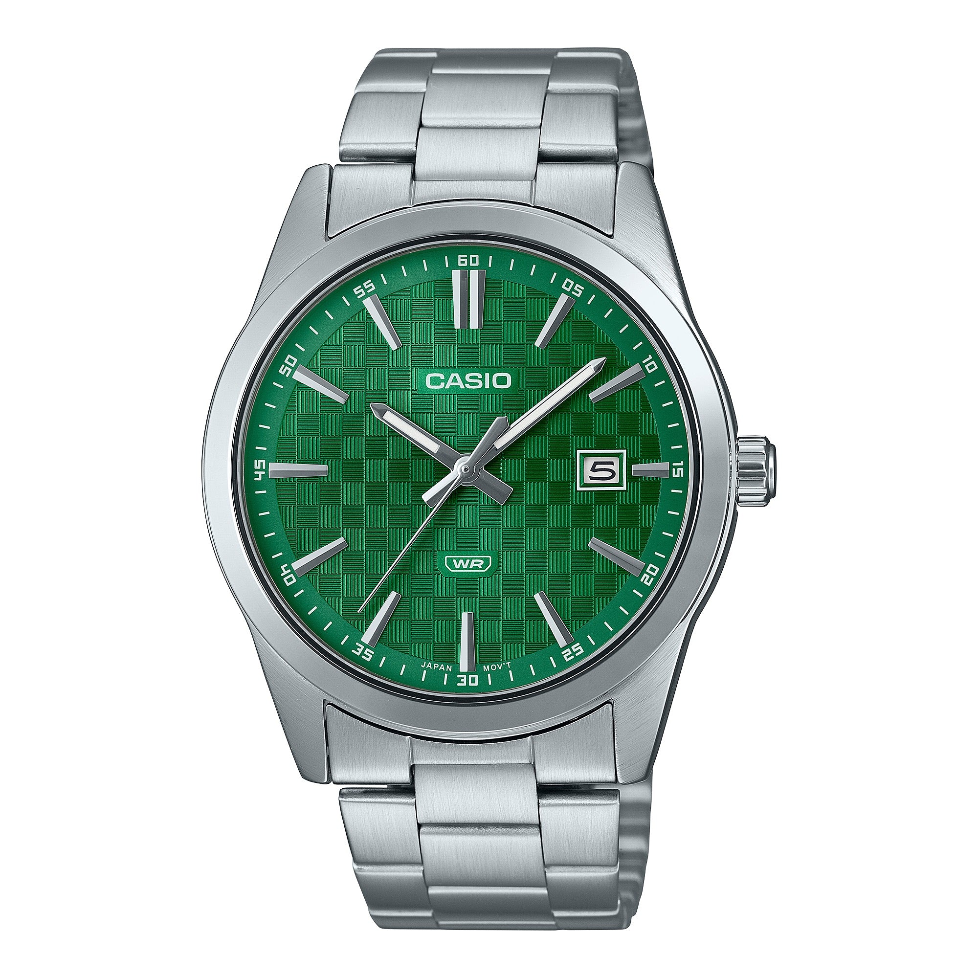 Casio Men Silver Stainless Steel Watch with Green Textured Dial - MTP-VD03D-3A1UDF