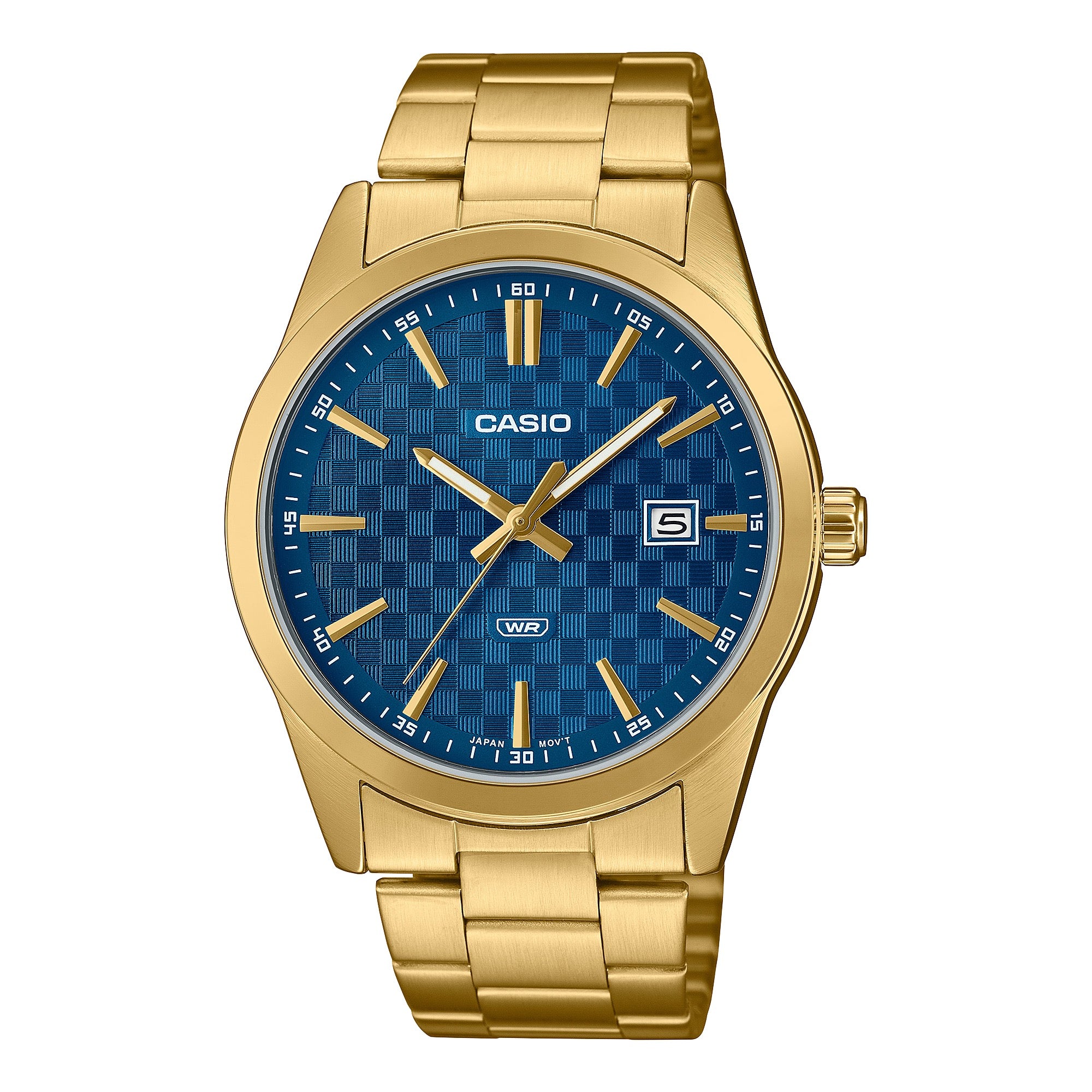 Casio Men Gold Analog Watch with Blue Pattern Dial and Date Display - MTP-VD03G-2A