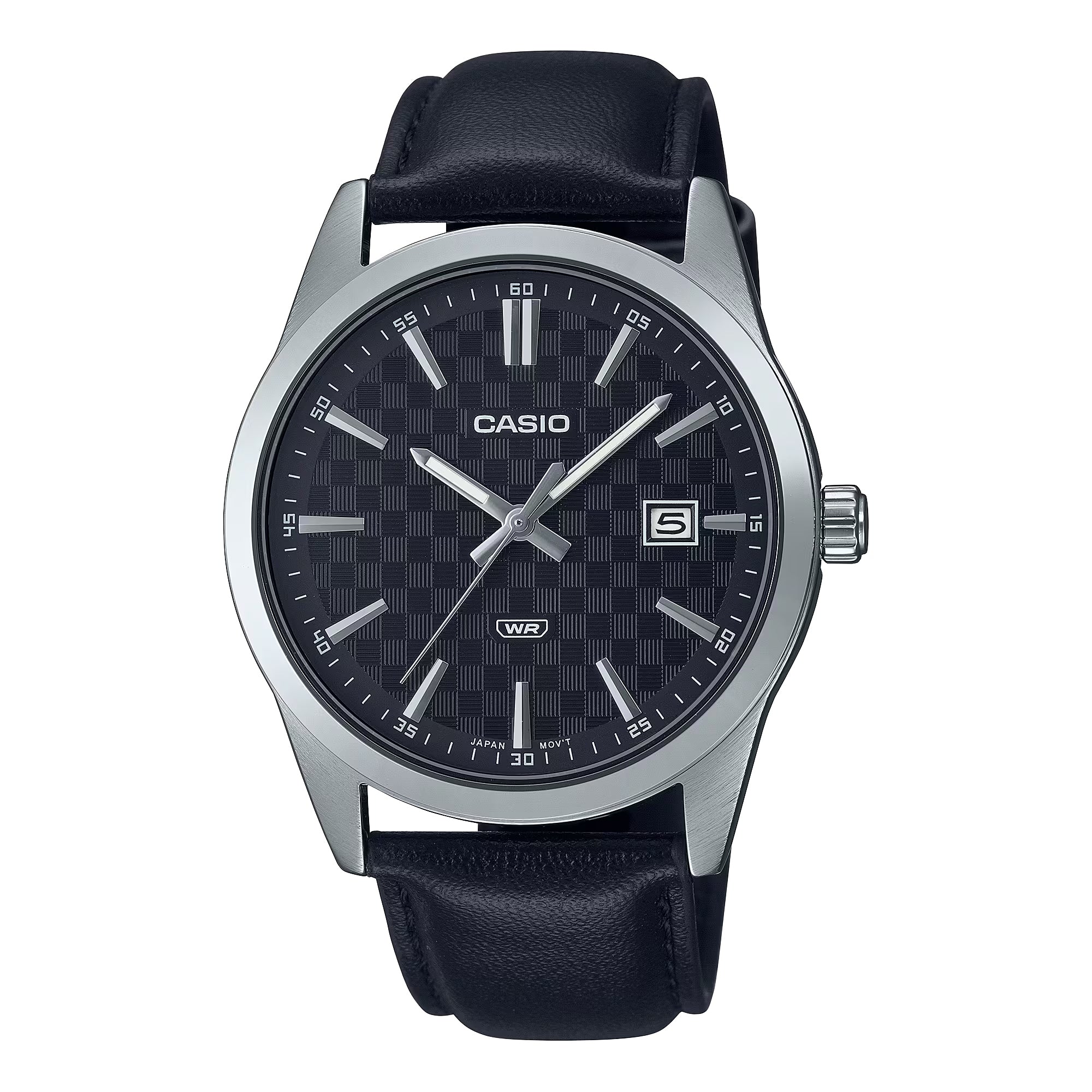 Casio Men Black Textured Dial Analog Watch with Leather Strap - MTP-VD03L-1AUDF