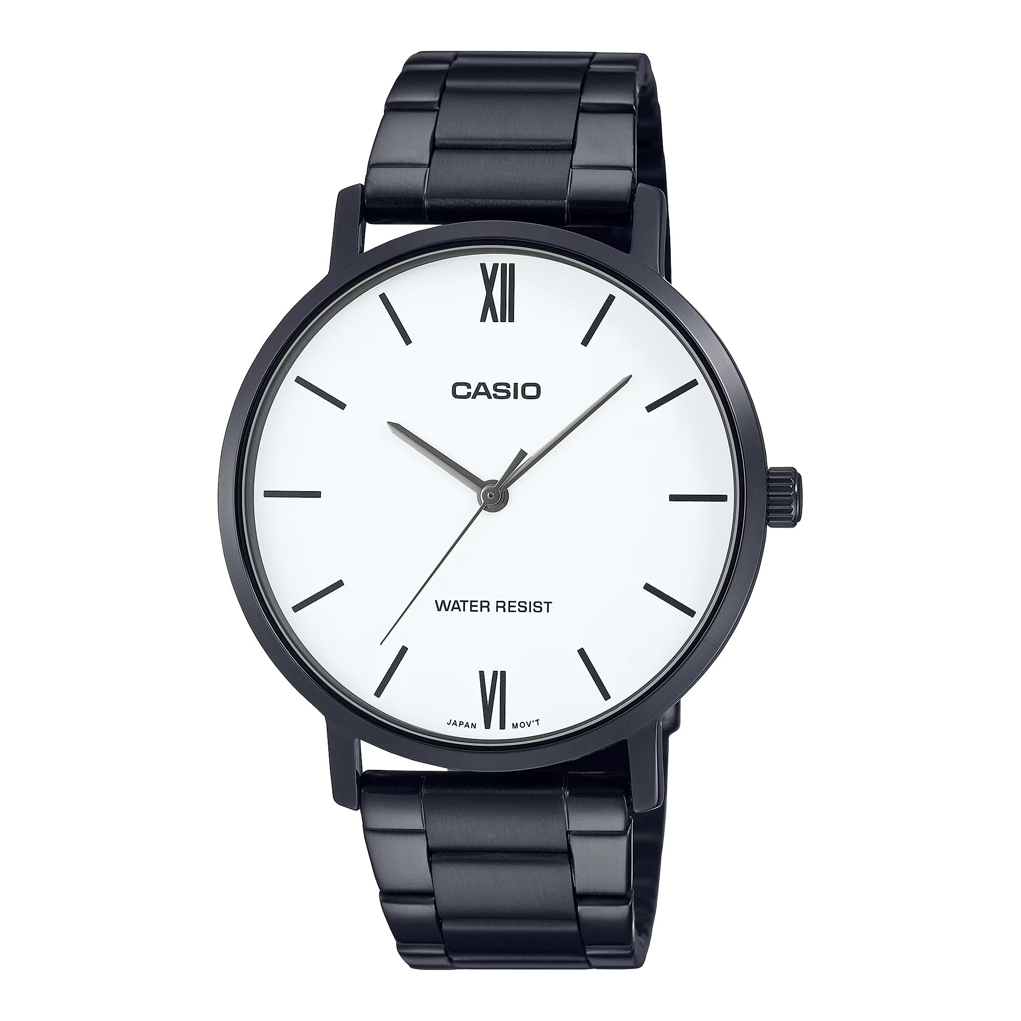 Casio Men Black Stainless Steel Watch with White Dial - MTP-VT01B-7BUDF