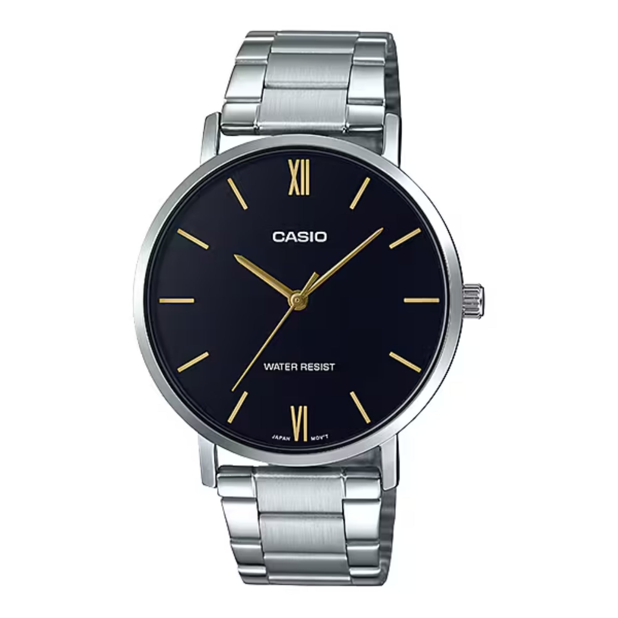 Casio Men Black Dial Analog Watch with Gold Accents Steel Bracelet - MTP-VT01D-1BUDF