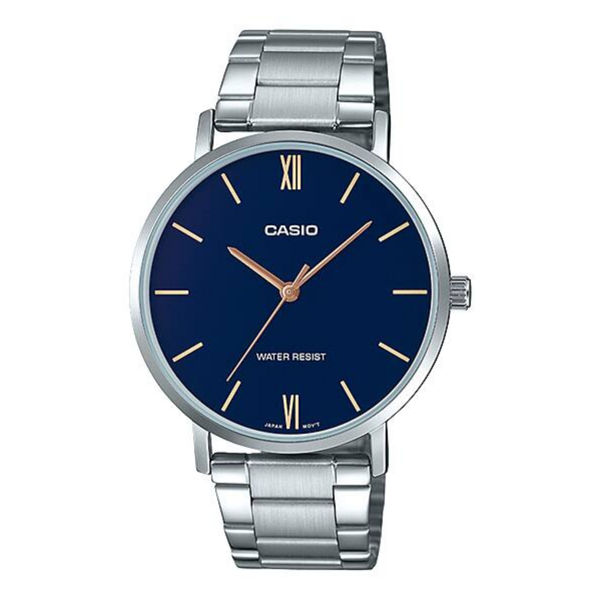 Casio Men Silver Bracelet Analog Watch with Blue Dial - MTP-VT01D-2BUDF