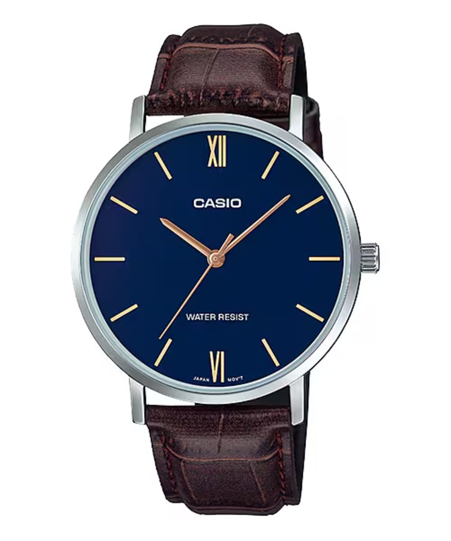 Casio Men Brown Leather Watch with Blue Dial Ð MTP-VT01L-2BUDF