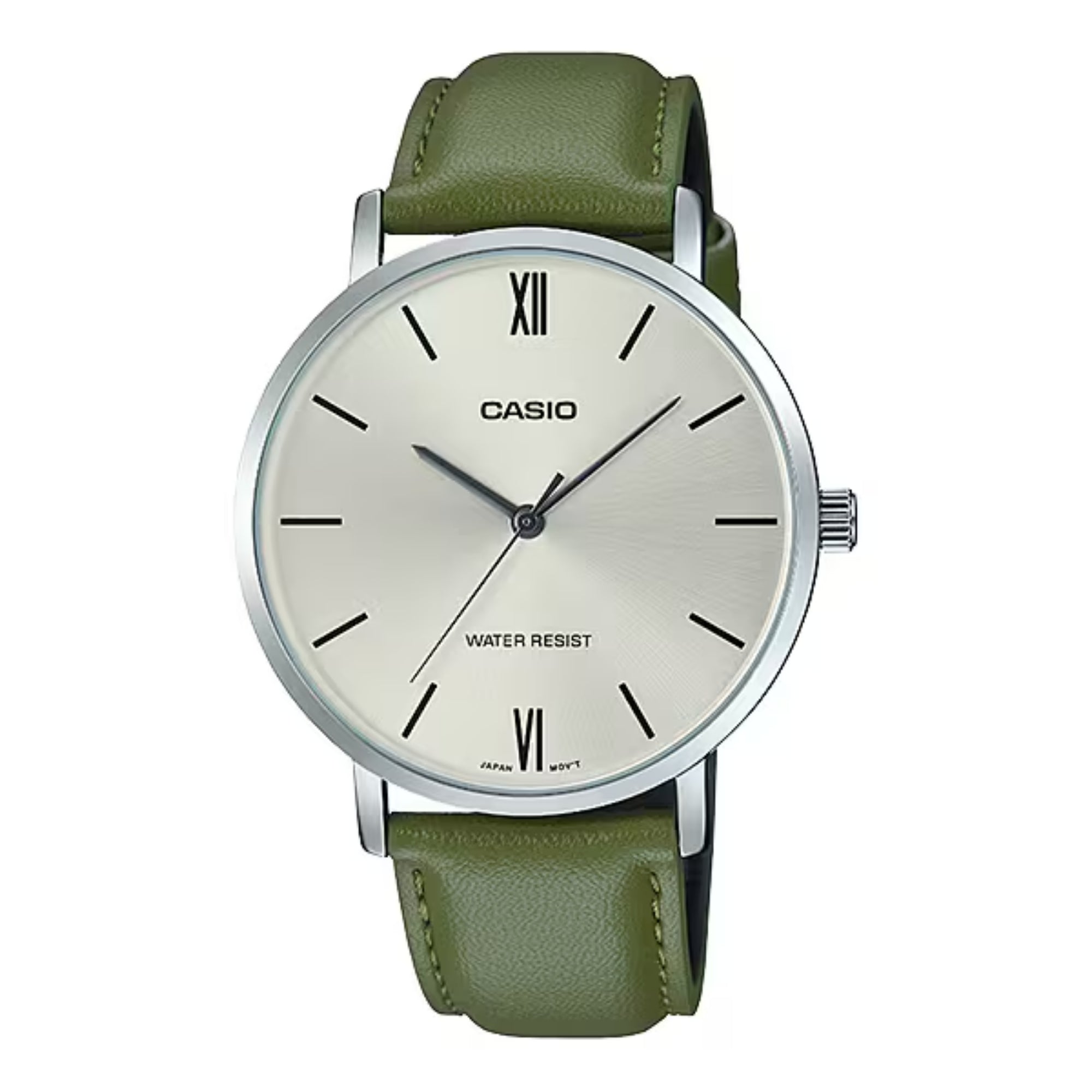 Casio Men Silver Dial Watch with Green Leather Strap - MTP-VT01L-3BUDF