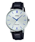 Casio Men Silver Analog Watch with Blue Accents and Leather Strap - MTP-VT01L-7B1
