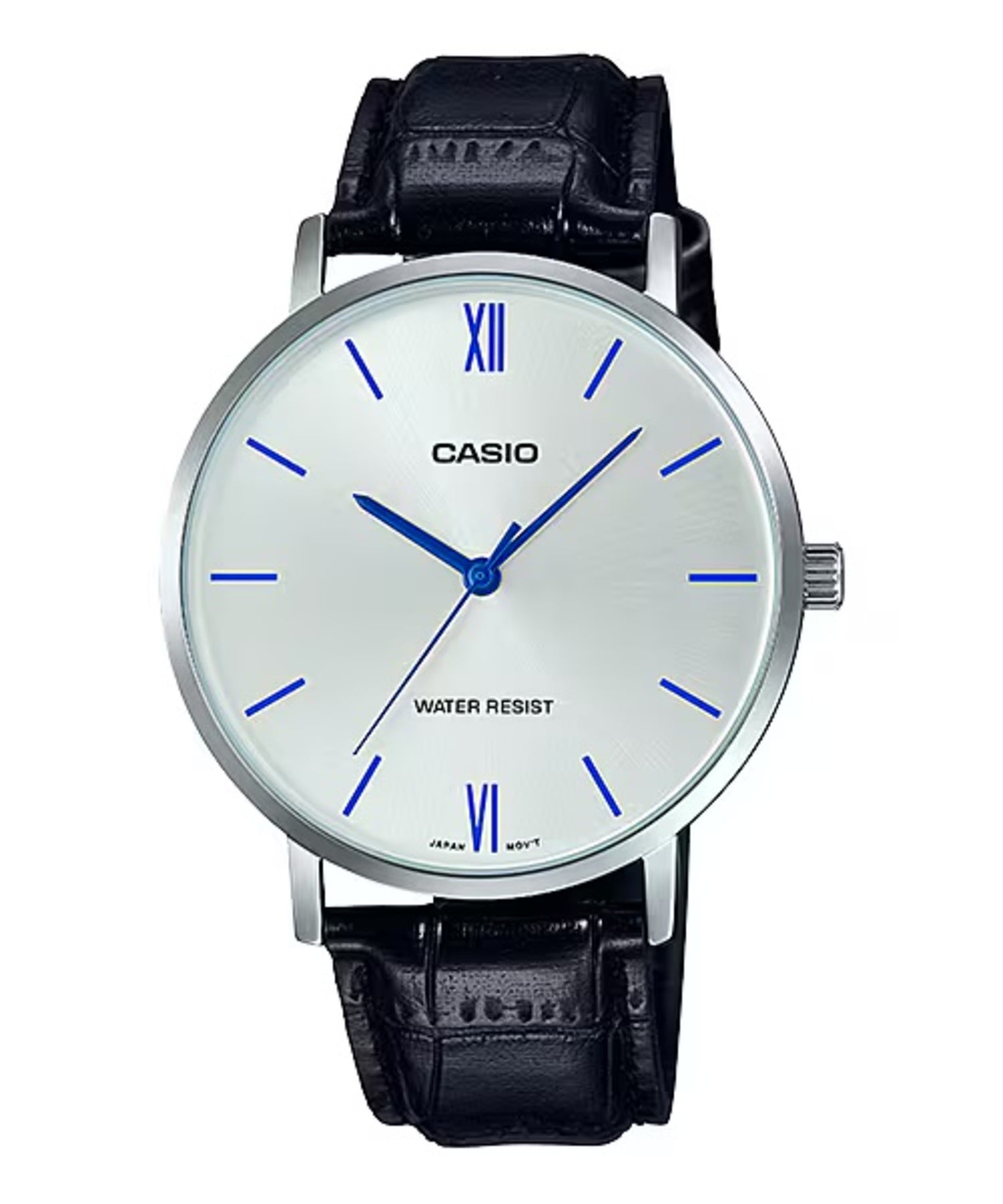 Casio Men Silver Analog Watch with Blue Accents and Leather Strap - MTP-VT01L-7B1