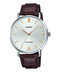 Casio Men Silver Analog Watch with Orange Accents and Brown Leather Strap - MTP-VT01L-7B2