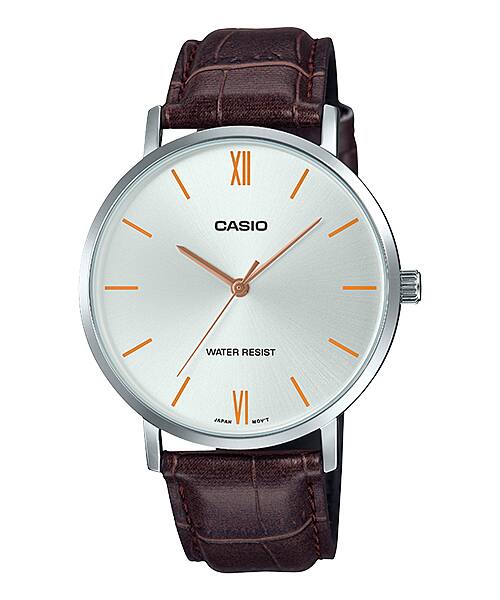 Casio Men Silver Analog Watch with Orange Accents and Brown Leather Strap - MTP-VT01L-7B2