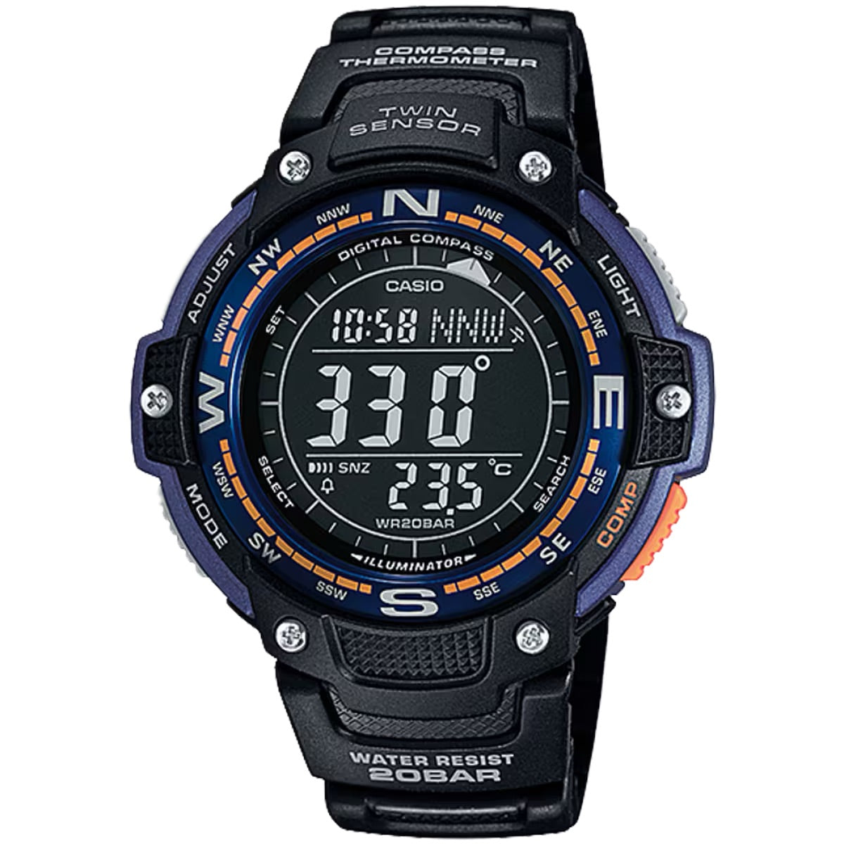 Casio Men Outdoor Digital Compass Watch with Blue and Orange Accents - SGW-100-2B