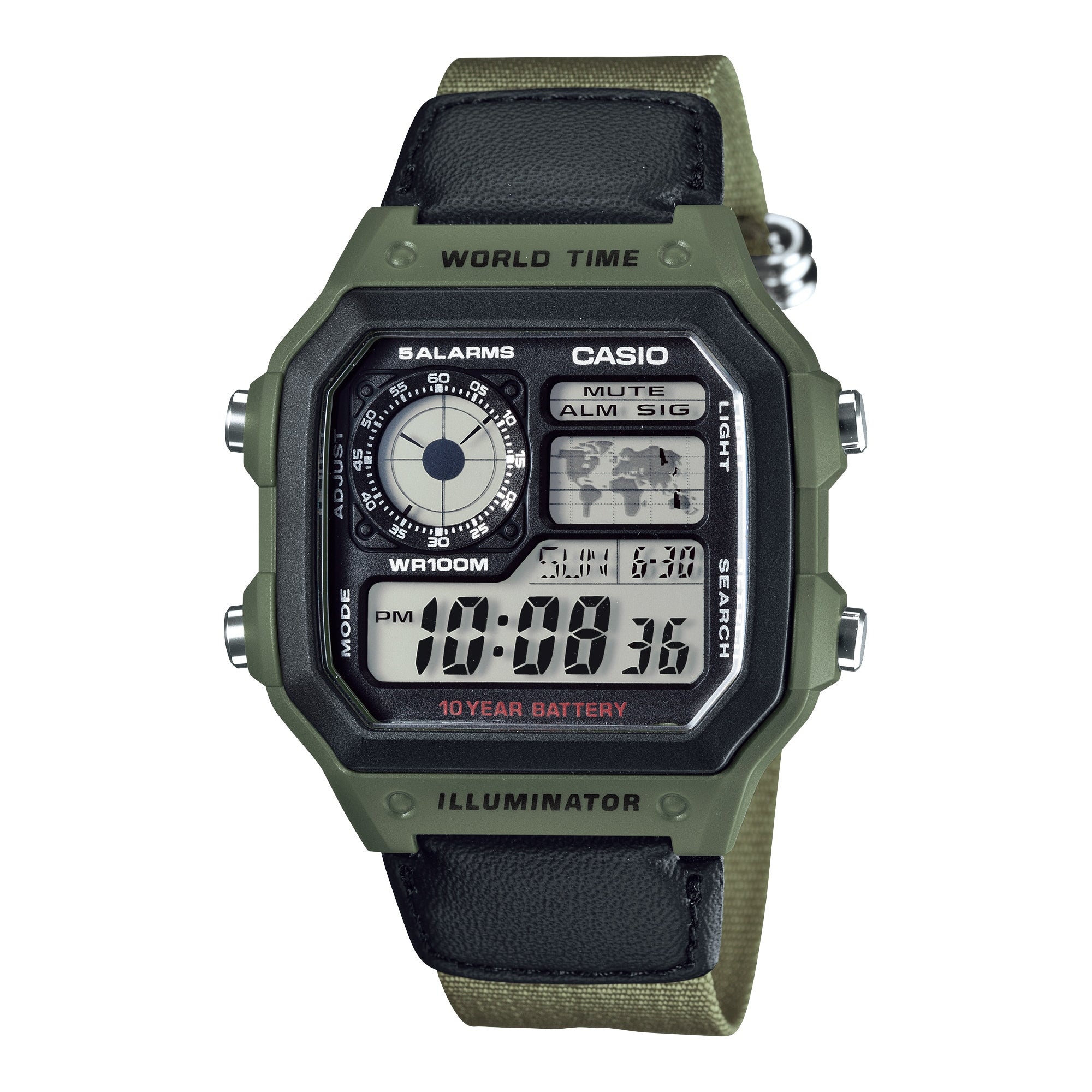 Casio Men Digital World Time Watch with Black Dial and Green Band - AE-1200WHB-3BV