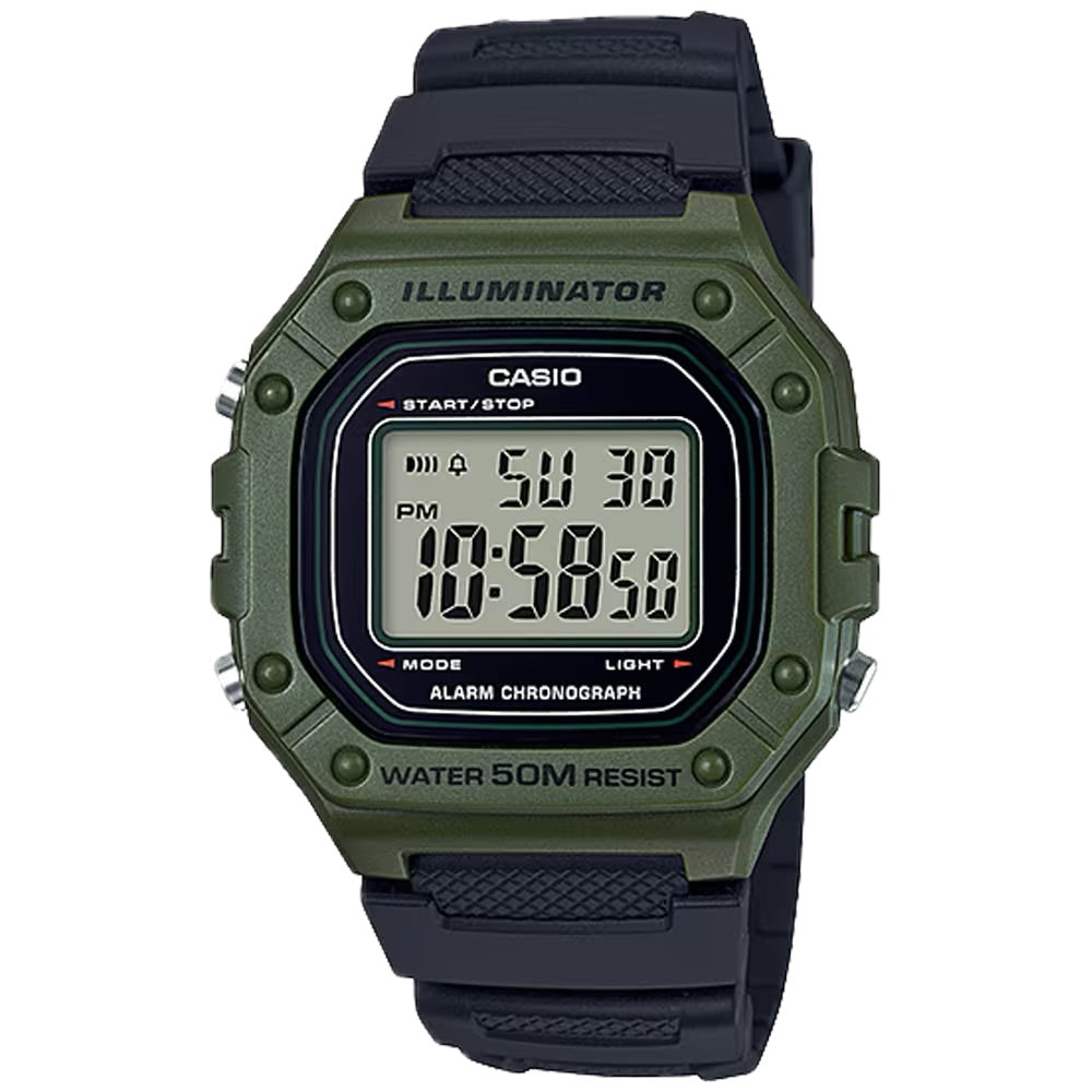 Casio Men Water-Resistant Black and Green Digital Watch  - W-218H-3AVCF