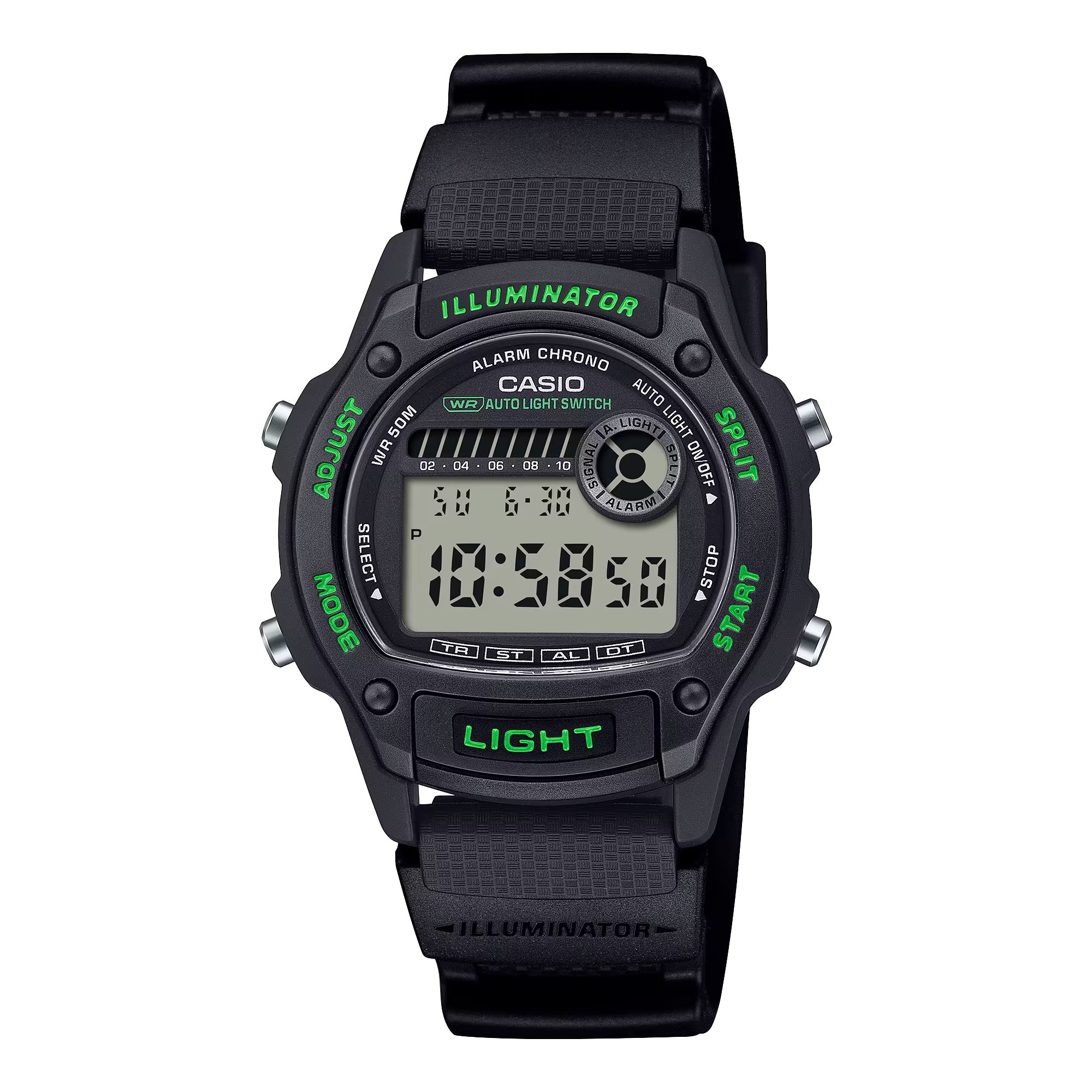 Casio Men Black Digital Watch with Green Accents - W-220H-1A3VCF