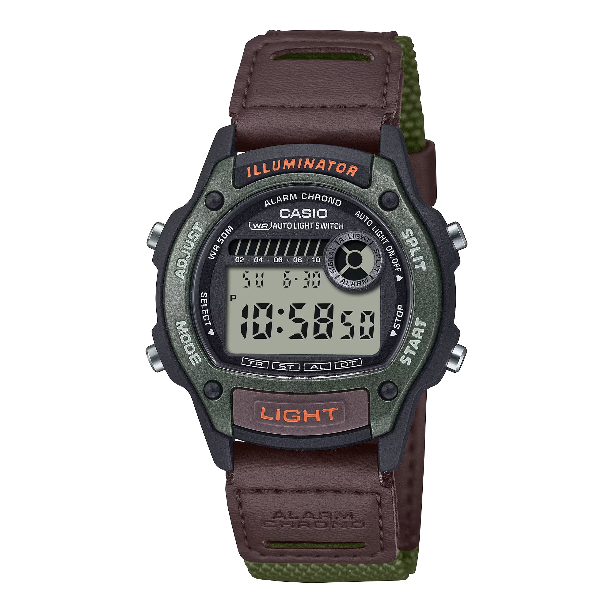 Casio Men Digital Illuminator Chronograph Watch with Brown and Green Strap - W-220HF-3AV
