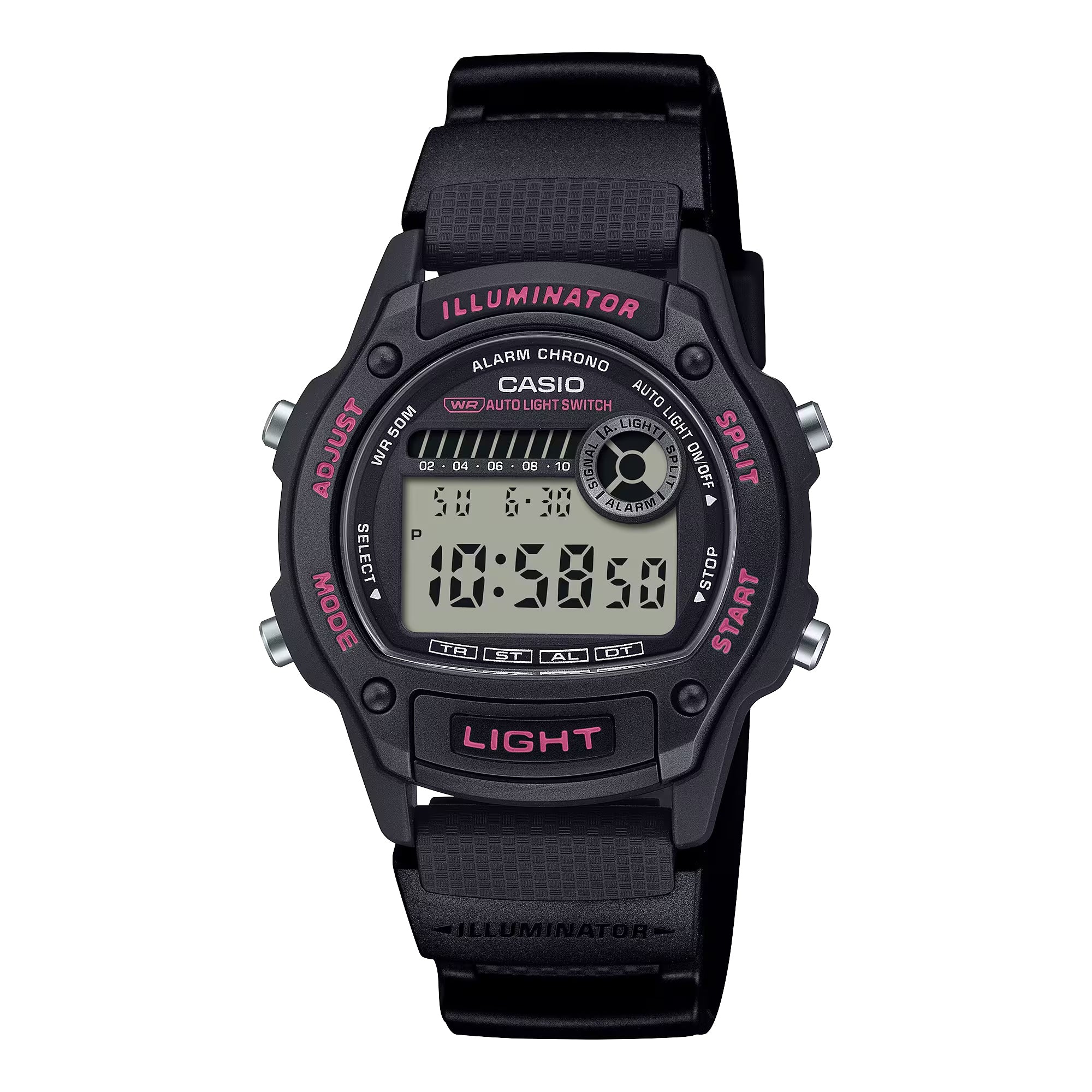 Casio Men Black Digital Watch with Gray Dial and Pink Accents - W-220H-1A2V